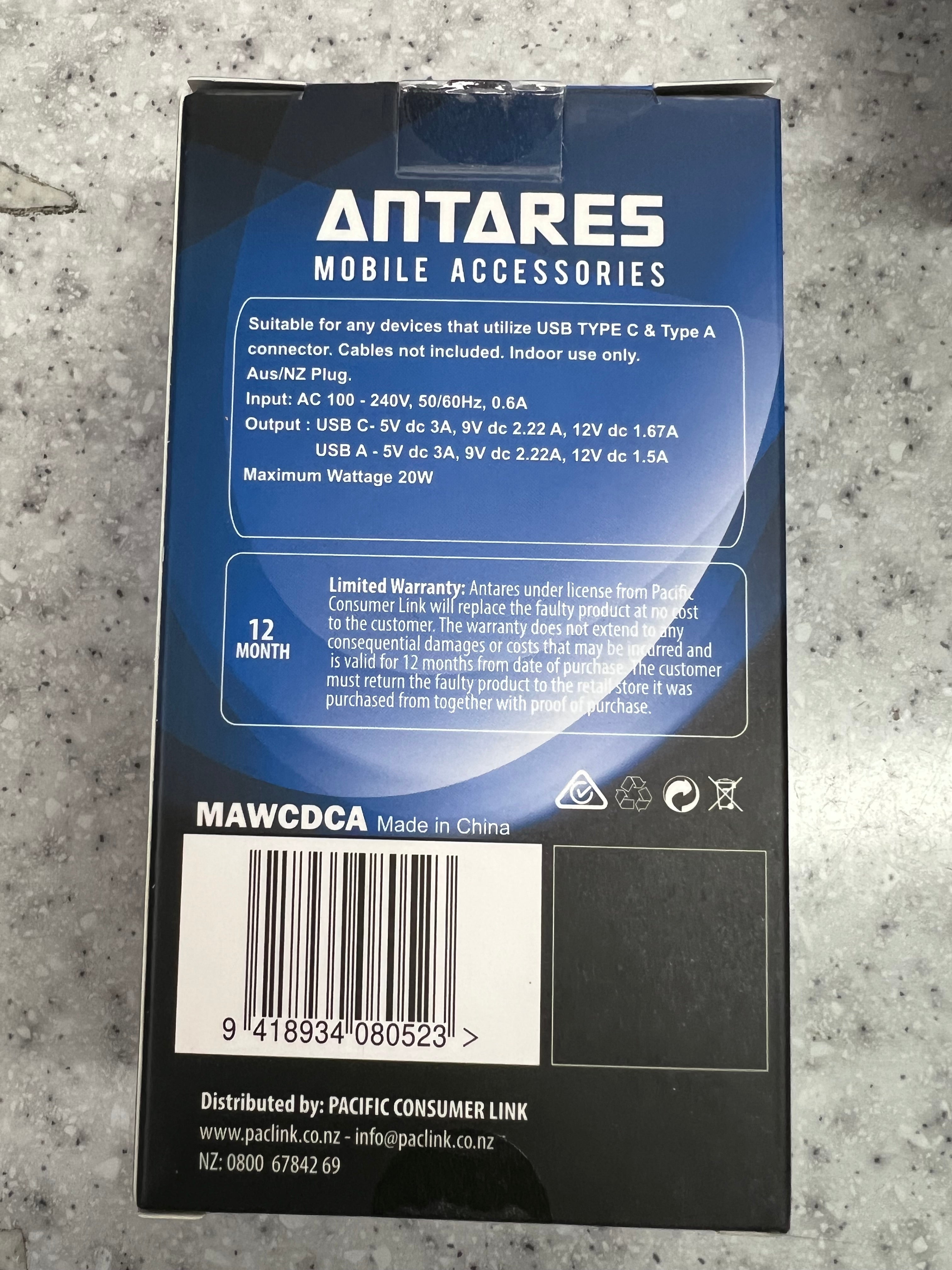 Antares Wall Charger Type C & Type A Mobile Phone & Tablet Fast Charge