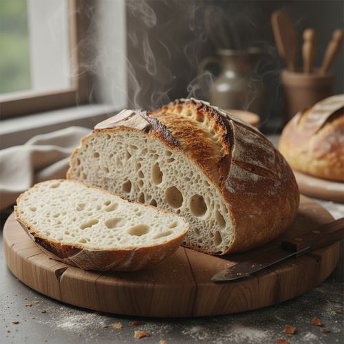 Freshly baked sourdough loaf on a wooden board
