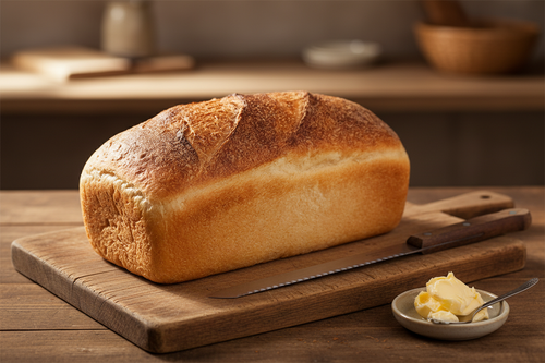 Oli Loaf on wooden board with butter
