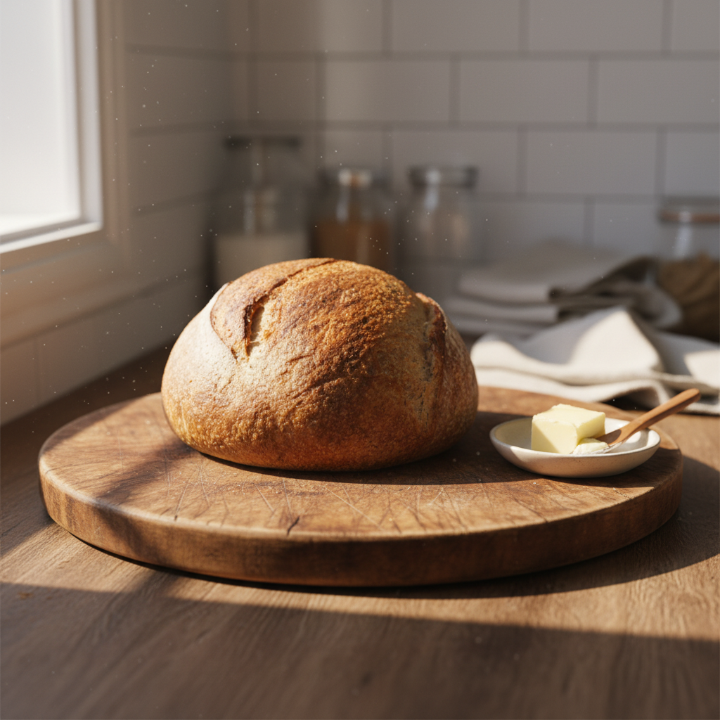Sourdough loaf on a wooden board with a plate of butter